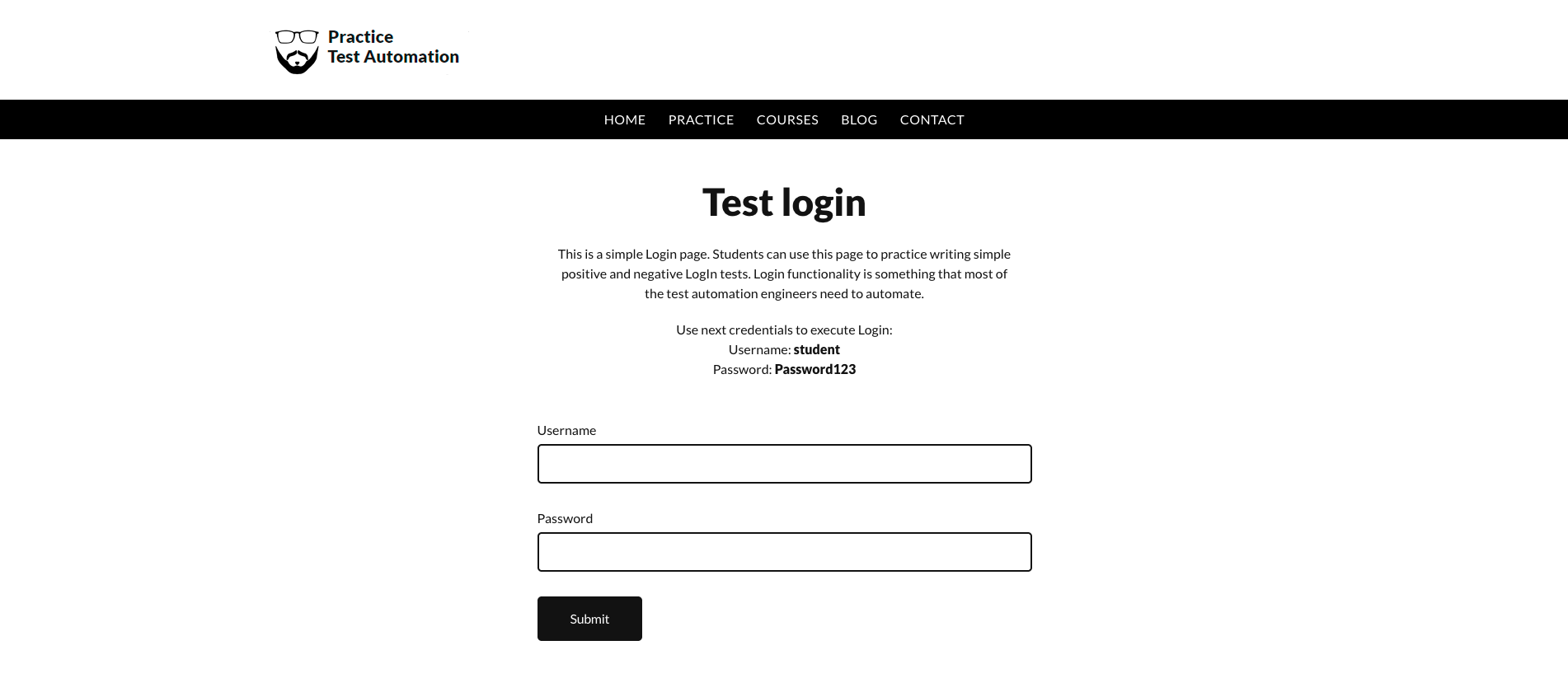 Sample login page interface for practicing automation test script writing.