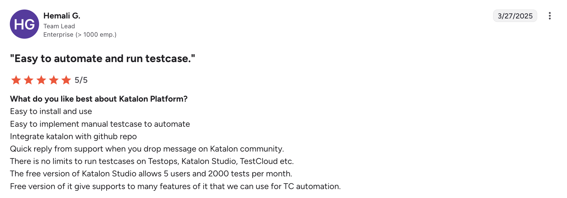 Katalon user review screenshot